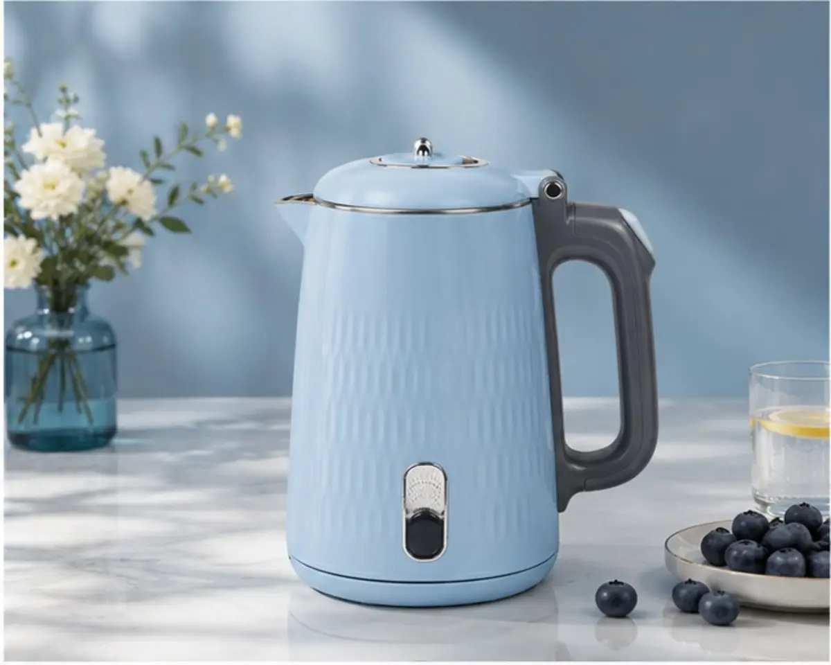 Light blue electric kettle in a kitchen setting
